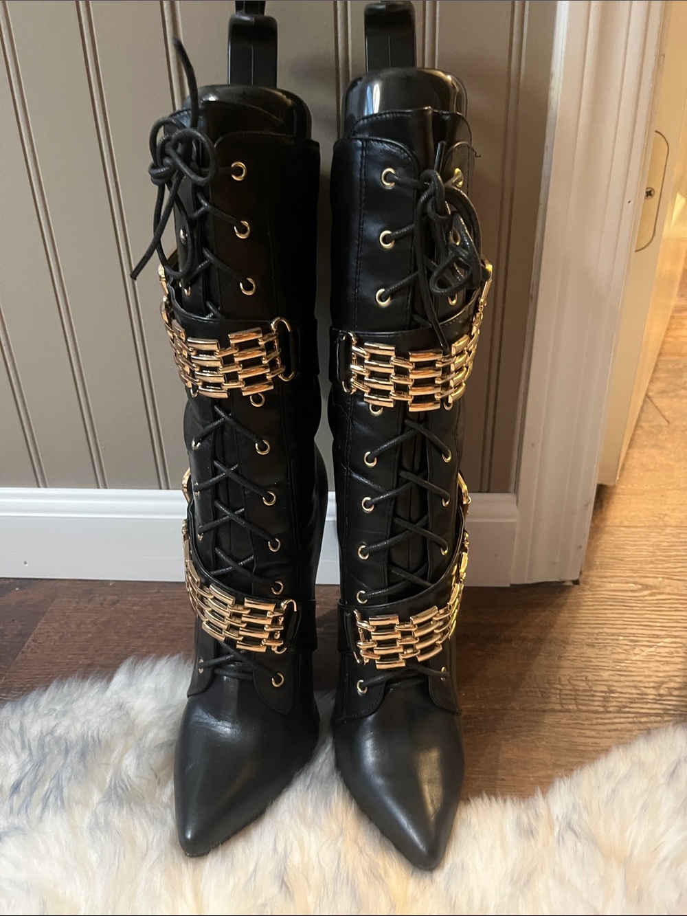 Super sexy brand new Black Knee-High Lace-Up Boots with Gold Buckle Accent